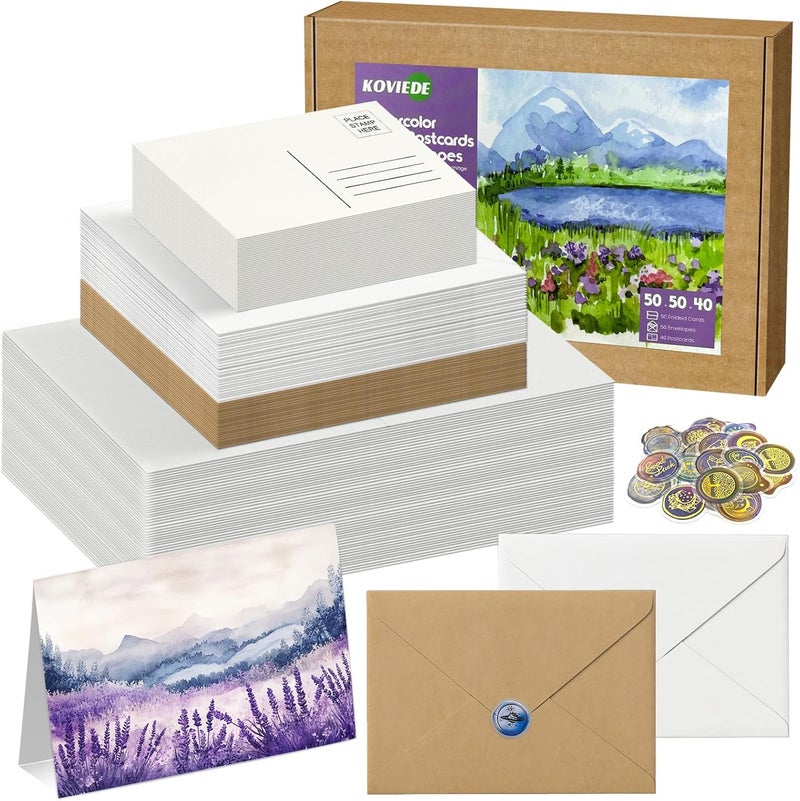 KOVIEDE 50 Pack Foldable Watercolor Cards with Envelopes 5"X7", 40 Sheets 4''x6'' Blank Watercolor Postcards, 140LB/300GSM 100% Cotton Water Color Cards For Painting, Greeting, Christmas, Birthday - Image 1